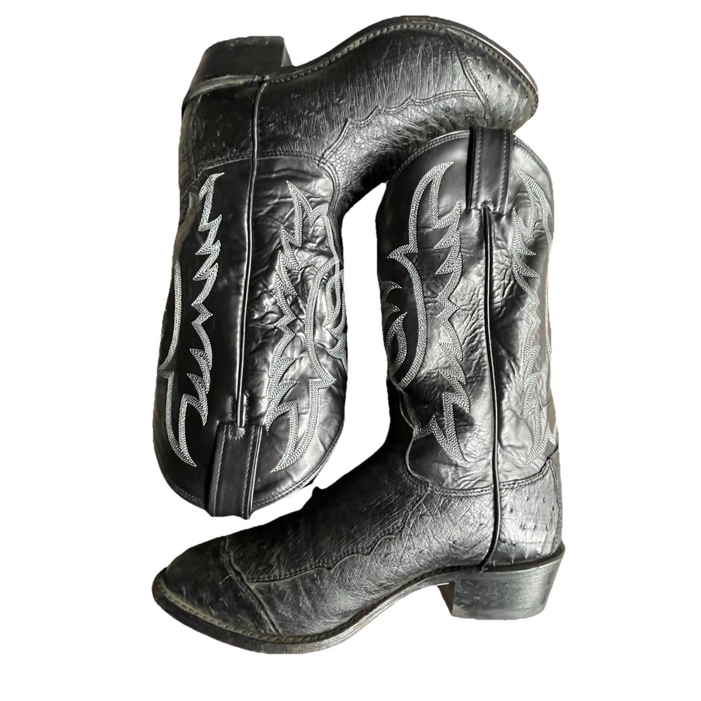 Tony Lama Black Ostrich Cowboy Boots Mens 8.5 D USA Made Western Exotic